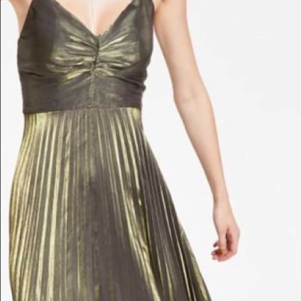 Lucy Paris Metallic Olive Pleated Maxi Dress